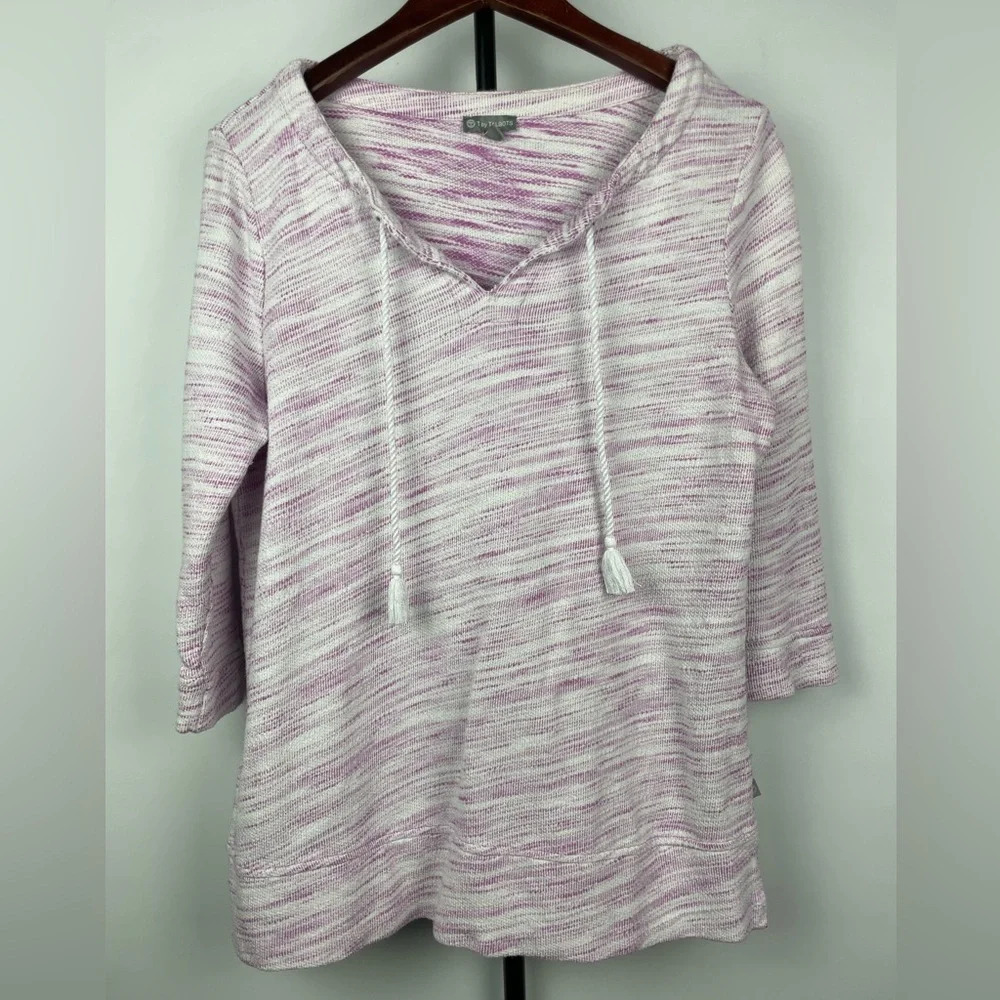 T by Talbots Purple White Textured Cotton Pullover 3/4 Sleeve Summer Sweater